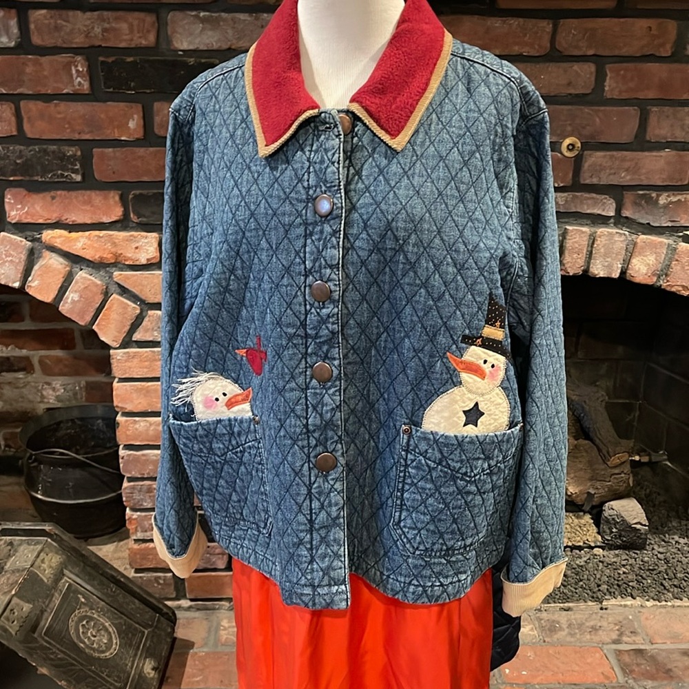 Sugar Ridge Creations Haik's denim quilted jacket with snowman appliqué size xl